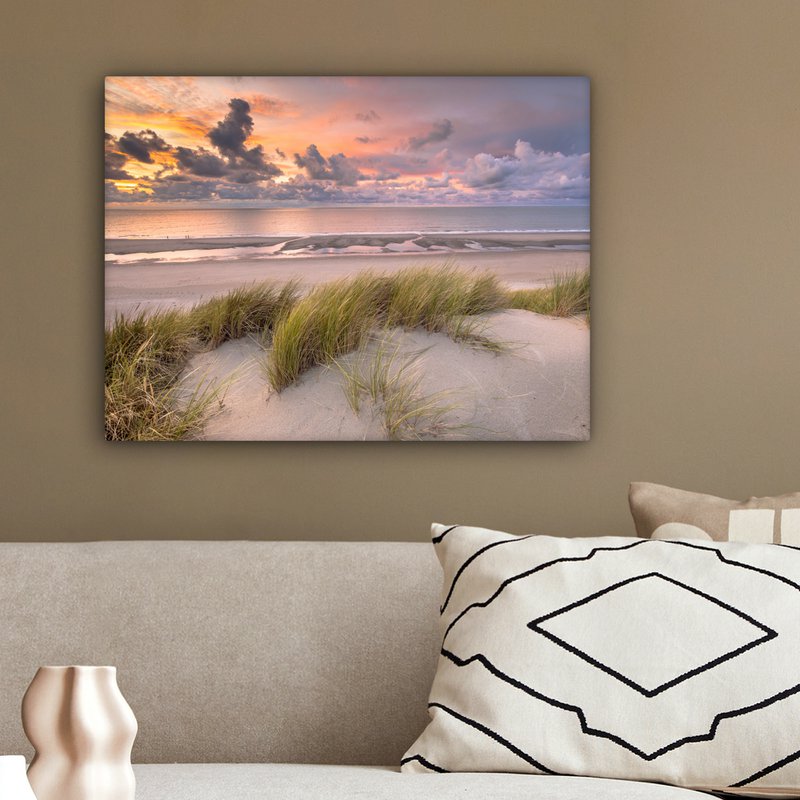 Lærredsmaleri - vægdekoration - solnedgang - klit - strand - planter - hav