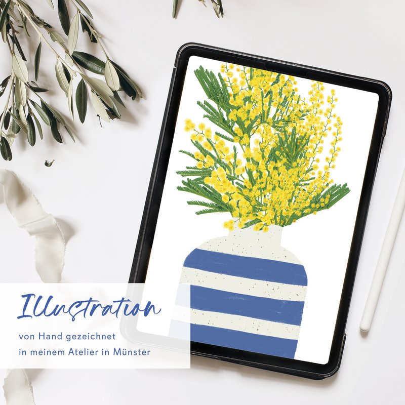 Folding card blue striped vase with yellow flowers, including envelope