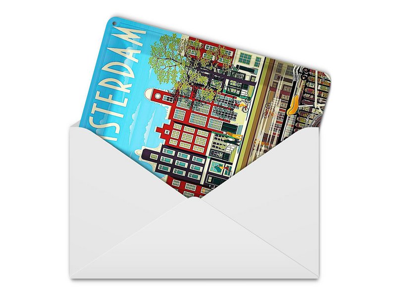Postal de hojalata de viaje 10x14 cm Amsterdam Holanda bicicletas casas decoración cartel