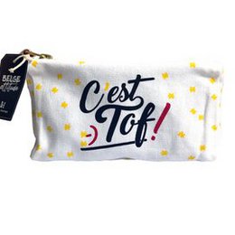 White makeup pouch with yellow stars, "C'est Tof" text, Belgian Attitude collection, fabric cosmetic bag