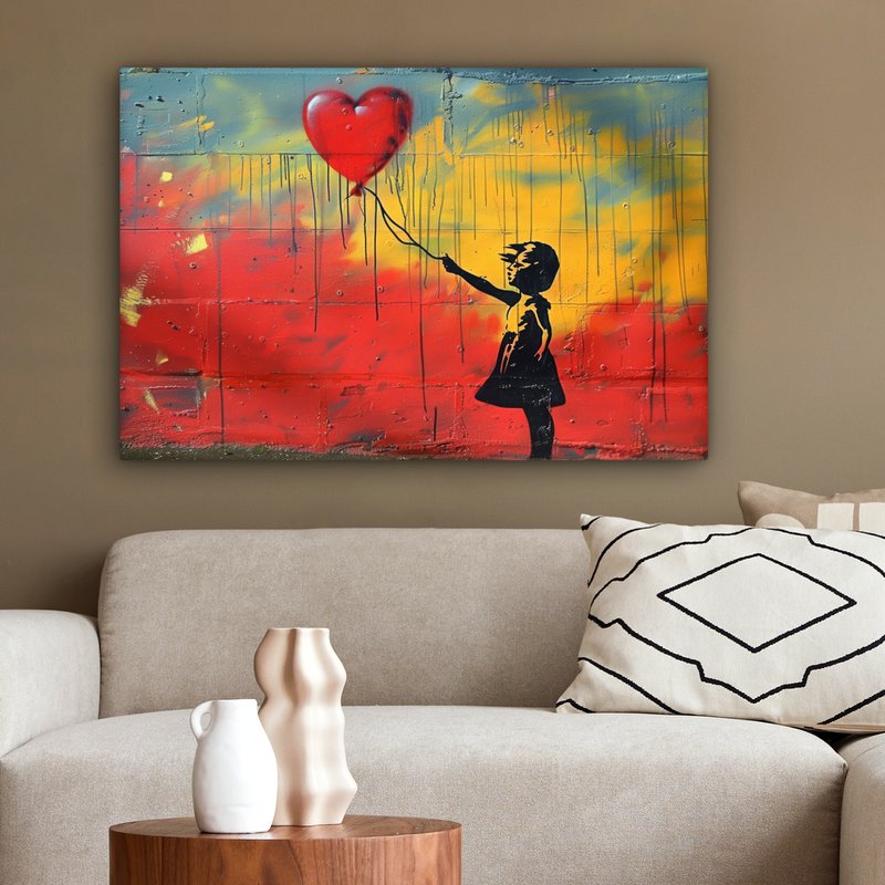 Canvas schilderij  - Wanddecoratie Banksy Style - Kleurrijk - Graffiti - Meisje - Street art - Muurdecoratie woonkamer - Slaapkamer decoratie - Kamer accessoires - Schilderijen op canvas