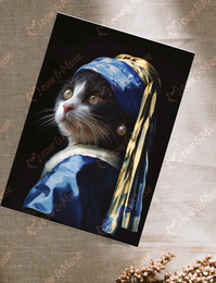 Postcard featuring a cat wearing a blue headpiece reminiscent of the famous painting "Girl with a Pearl Earring" by Johannes Vermeer.