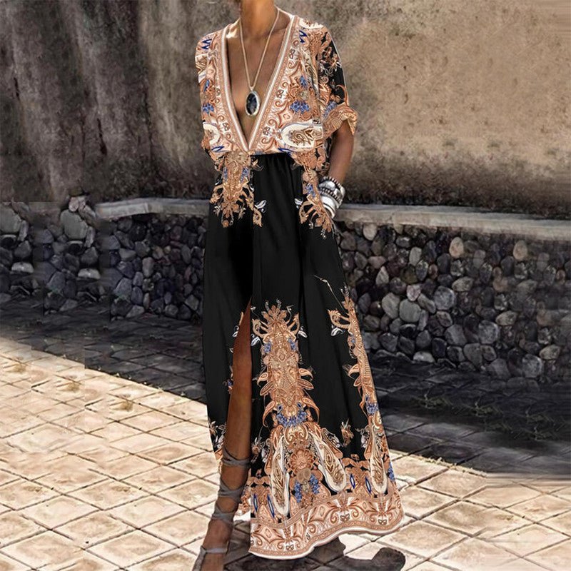 Vintage-Muster bedrucktes Boho-langes Kleid für Damen, sexy, tiefer V-Ausschnitt