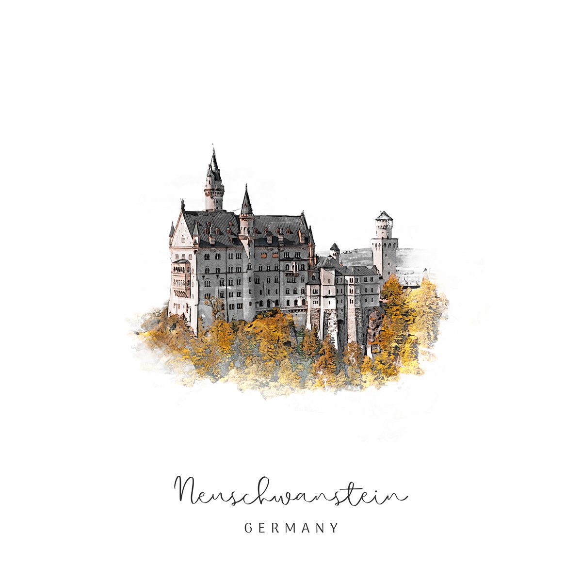 Slot Neuschwanstein, Duitsland | Muurdecoratie | Souvenir | Minimalistische reiskunst