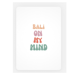 Set of 5 A6 cards with the text "Bali on my mind" in a stylized font and colorful design.