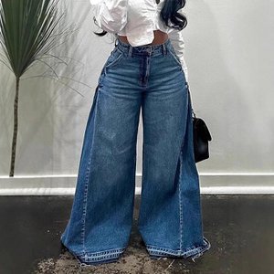 Lockere Jeans mit weitem Bein, genähte Schlaghose, Quastenhose