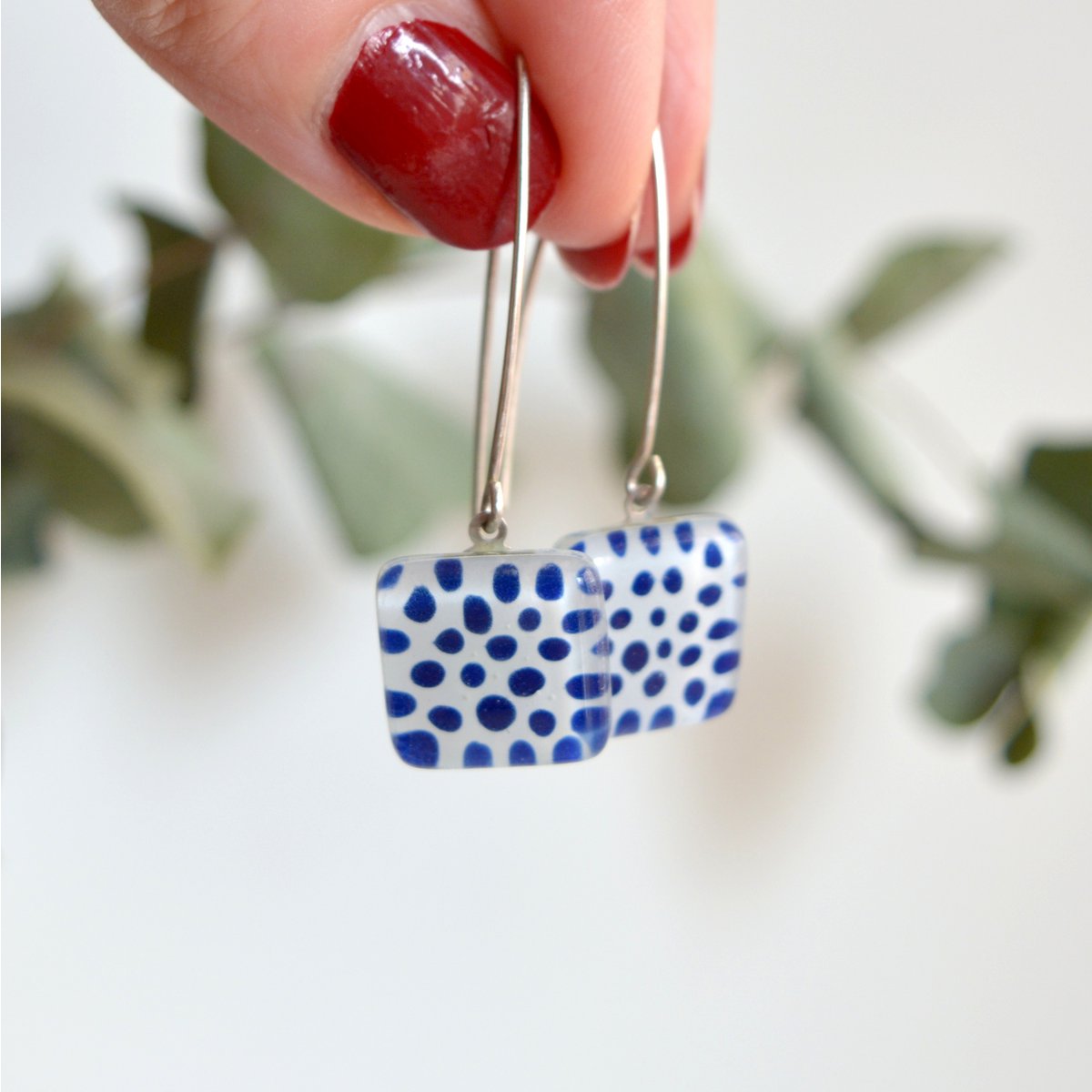 Cobalt blue Polka Dot earrings, Square glass charm dangle drop with long sterling silver hooks