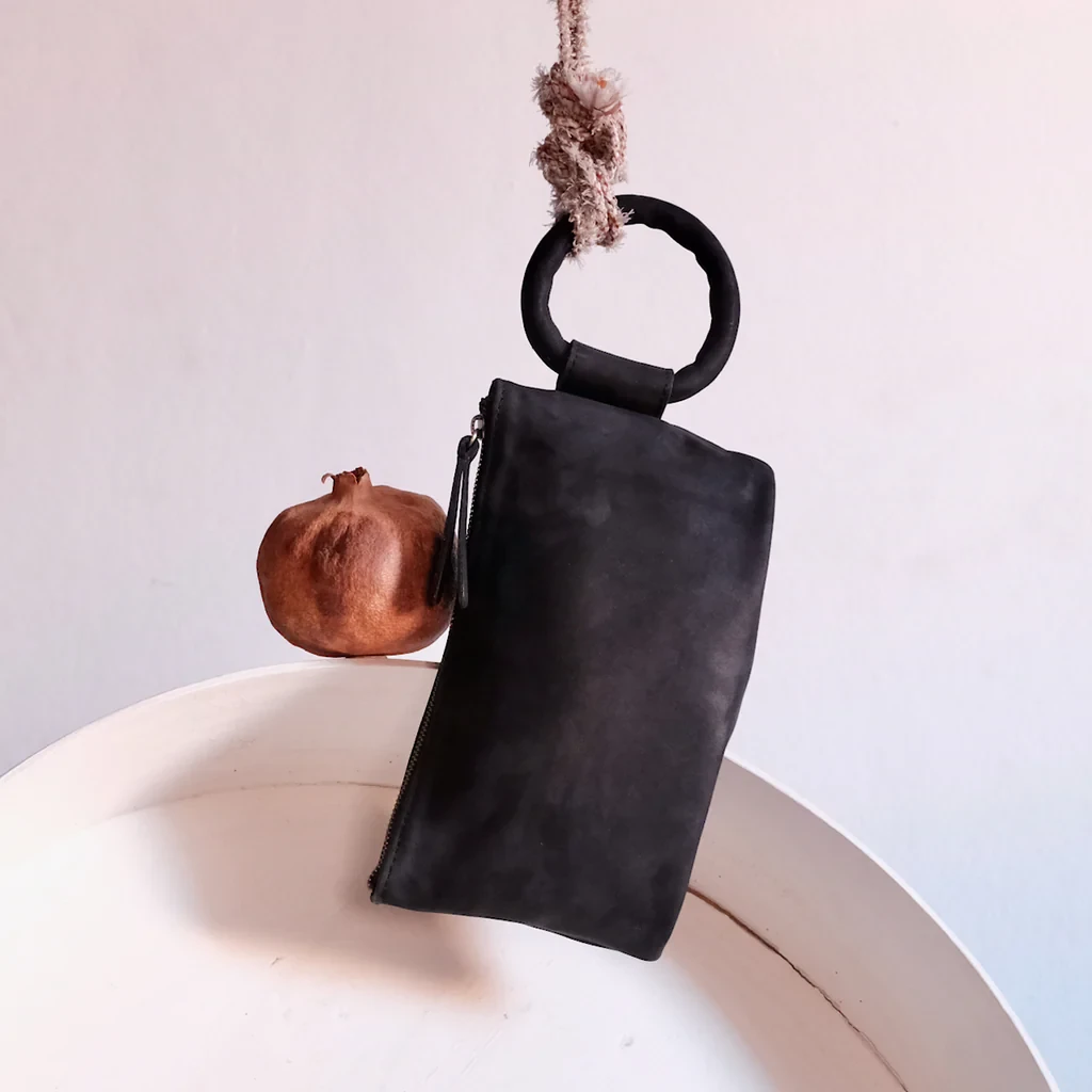 Black Leather Circular Handle Clutch