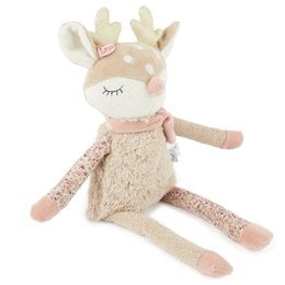 Soft, plush deer-themed stuffed animal with a pink bow and beige fur. Suitable for children as a cuddly toy.