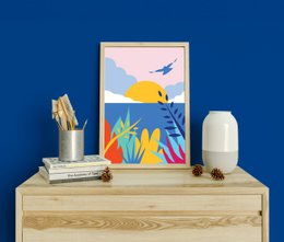  Wall art illustration featuring an ocean scene with a flying bird, vibrant colors, and abstract shapes. Available in multiple sizes from A4 to 60x90 cm.