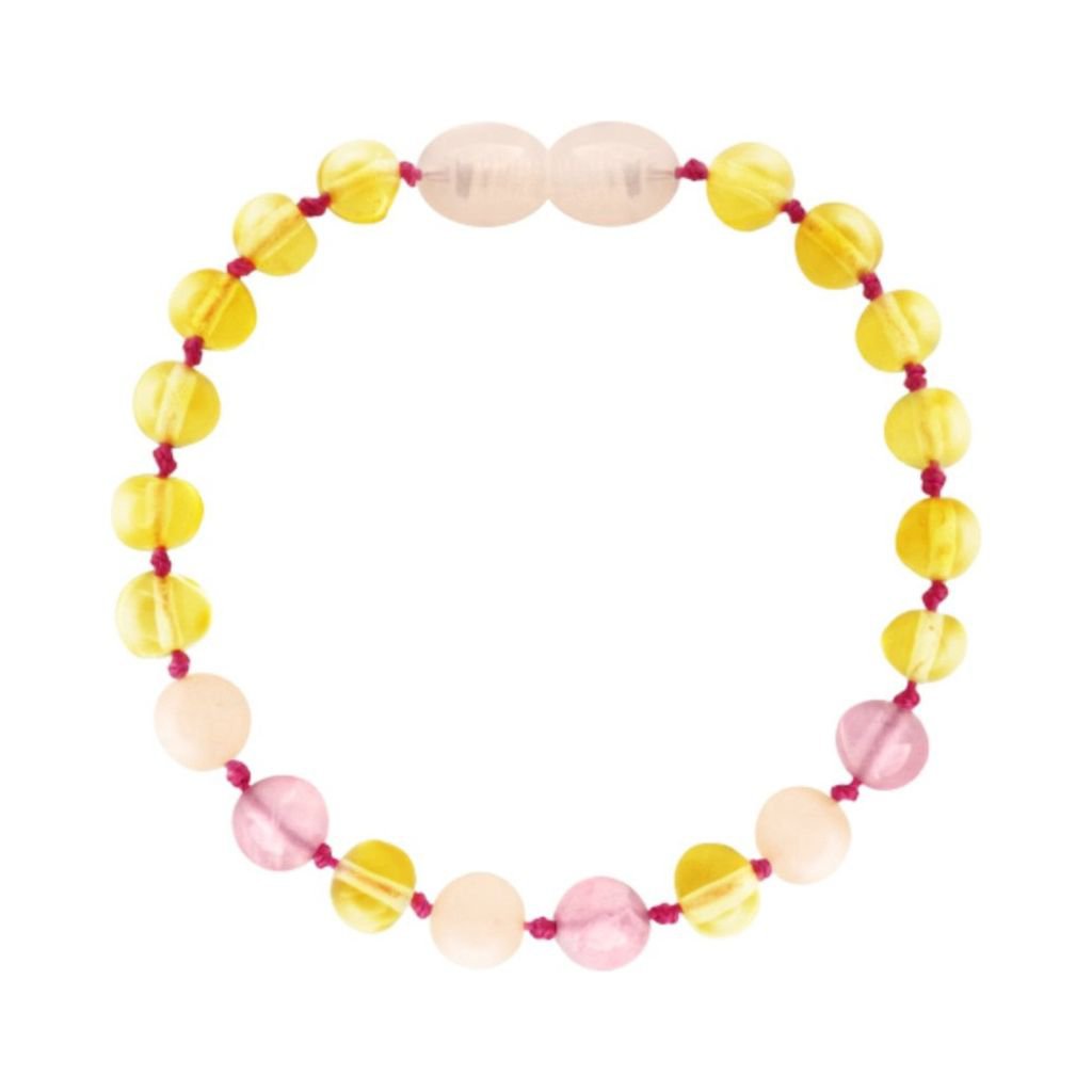 Pulsera de ámbar bebé - Limón y Cuarzo Rosa - 14 cm