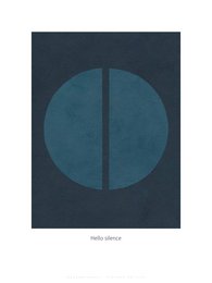 Minimalist poster with a simple geometric design featuring a large circular shape divided into two halves in shades of blue and gray against a dark background.