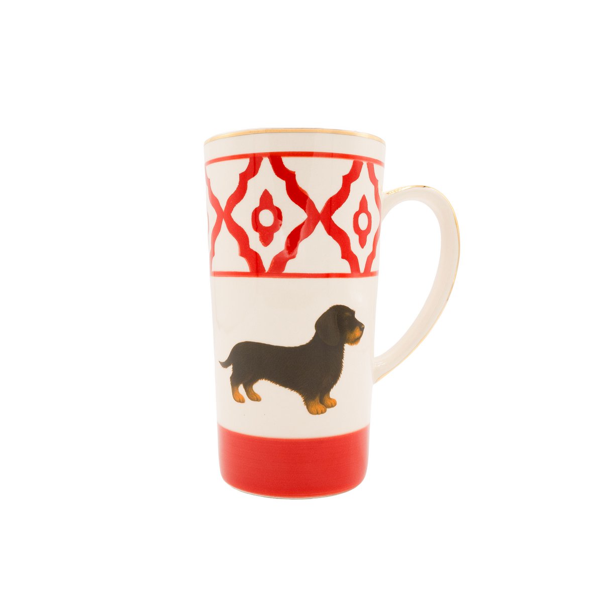 Tea cup/tea mug model dachshund made of ceramic, hand-painted with dachshund motif, gold rim and gold-coated handle, 250 ml. Cup contents available in red, green and blue