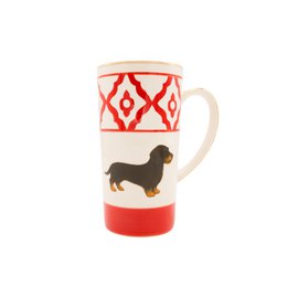 Tea cup/tea mug model dachshund made of ceramic, hand-painted with dachshund motif, gold rim and gold-coated handle, 250 ml. Cup contents available in red, green and blue