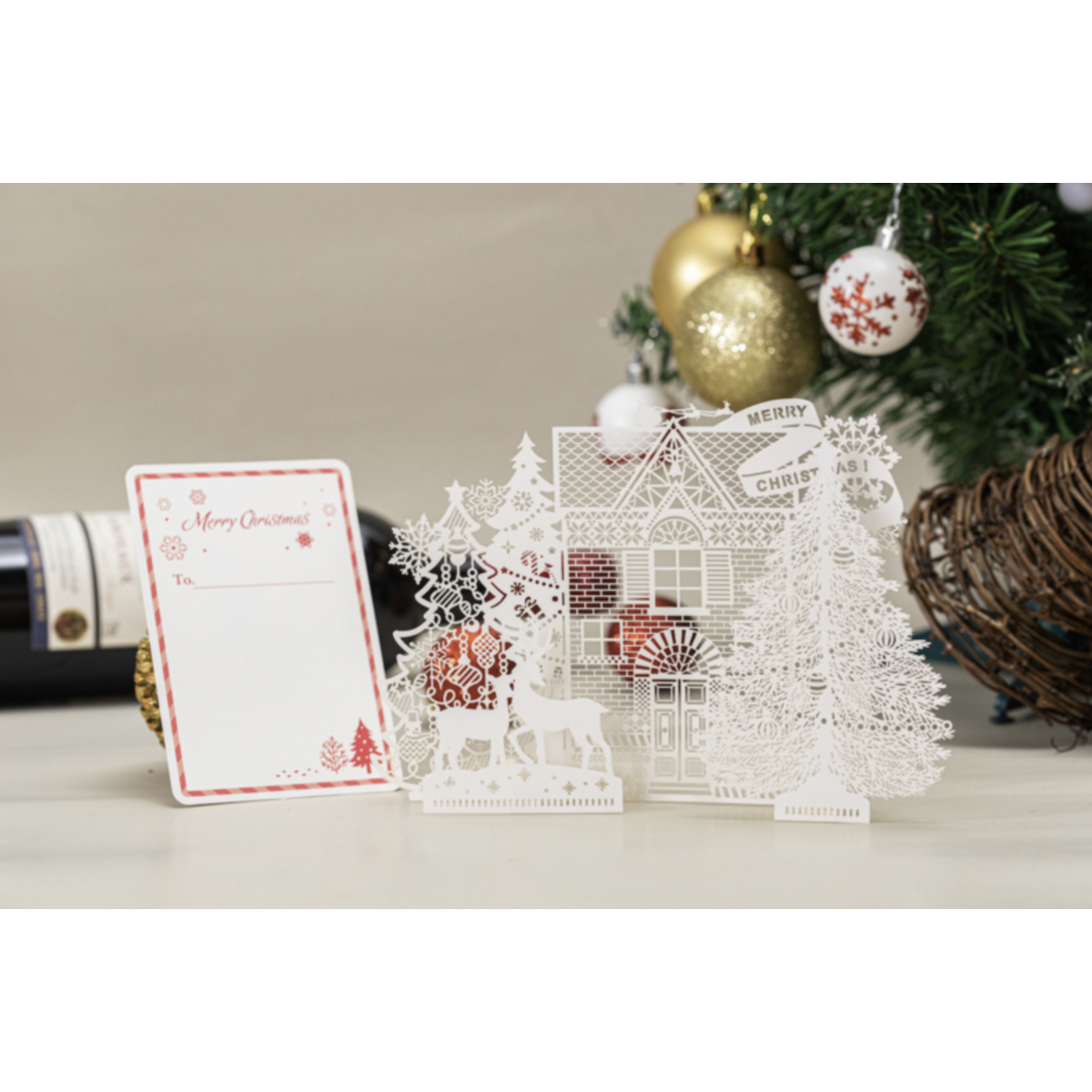 Carte de Noël Pop up 3D Rêver d'un Noël blanc avec panneau de message