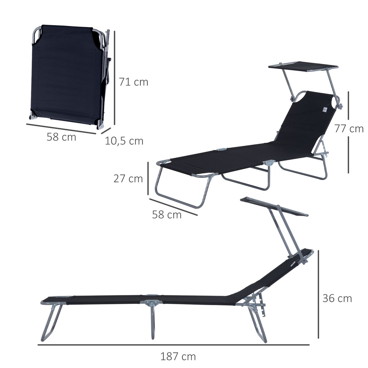  Sonnenliege klappbar Gartenliege mit Dach, Liegestuhl mit 4-Fach verstellbare Rückenlehne, wetterfeste Campingliege bis 120 kg belastbar, für Garten Strand Pool, Rot