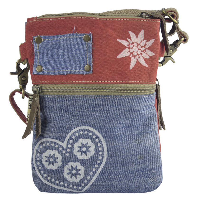 Domelo traditionele tas dames schoudertas. Dirndl schoudertas gemaakt van upcycled jeans en canvas en leer. Handtas in traditionele stijl met hartjesprint. Crossbodytas voor dames als Oktoberfest-accessoire.
