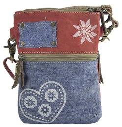 Domelo traditionele tas dames schoudertas. Dirndl schoudertas gemaakt van upcycled jeans en canvas en leer. Handtas in traditionele stijl met hartjesprint. Crossbodytas voor dames als Oktoberfest-accessoire.
