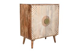  Wooden sideboard with carved sunburst design, 80x45x97 cm, 2 doors.