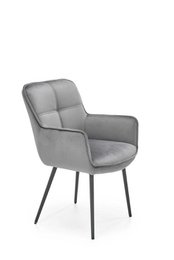 Gray upholstered dining chair with armrests, modern style, quilted seat, metal legs