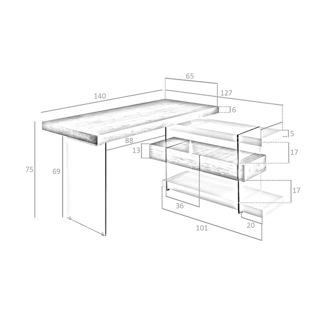 White wooden desk and tempered glass
