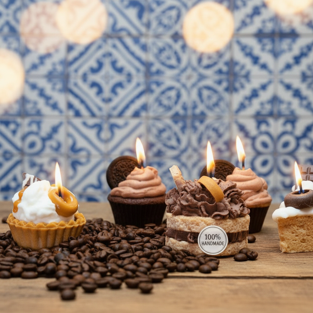 LAVURI® Caramel Cake Candle - Cake with whipped cream, chocolate bars and cookie rings as decoration