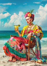 Colorful, vibrant image of a woman in traditional Mexican attire sitting on a beach, holding a tropical drink. The image evokes a sense of festivity and cultural celebration.