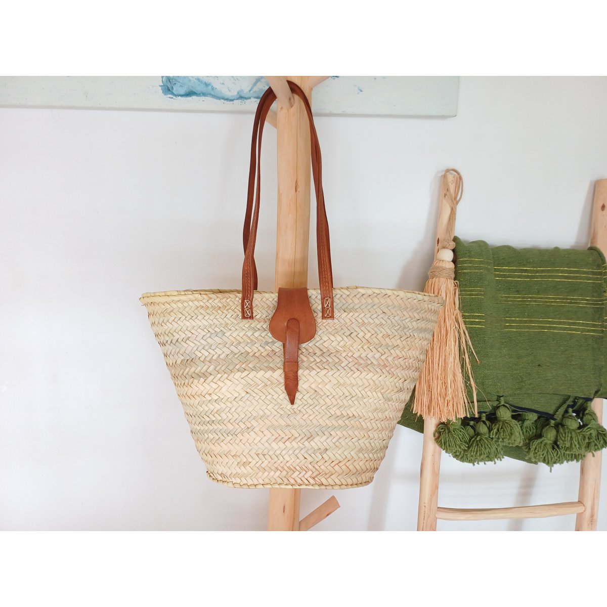 Strandtragetasche, Strohtasche, Basttasche mit Leder, Esparto-Tragetasche, handgefertigt, 50 cm