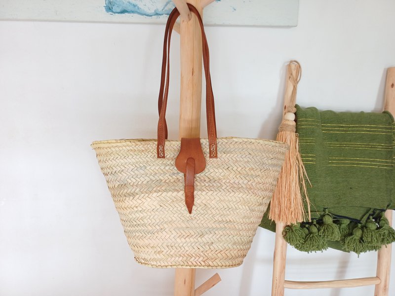 Navicella da spiaggia, Borsa di paglia, Borsa in rafia con pelle, Navicella in sparto, Fatta a mano 50 cm