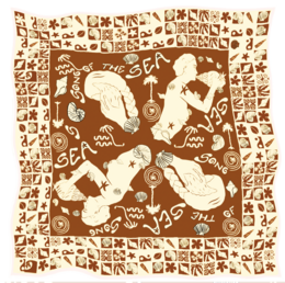 Vibrant orange and pink scarf with tropical motifs including palm leaves, surfboards, and silhouettes of people. Ideal for casual beach or summer wear.