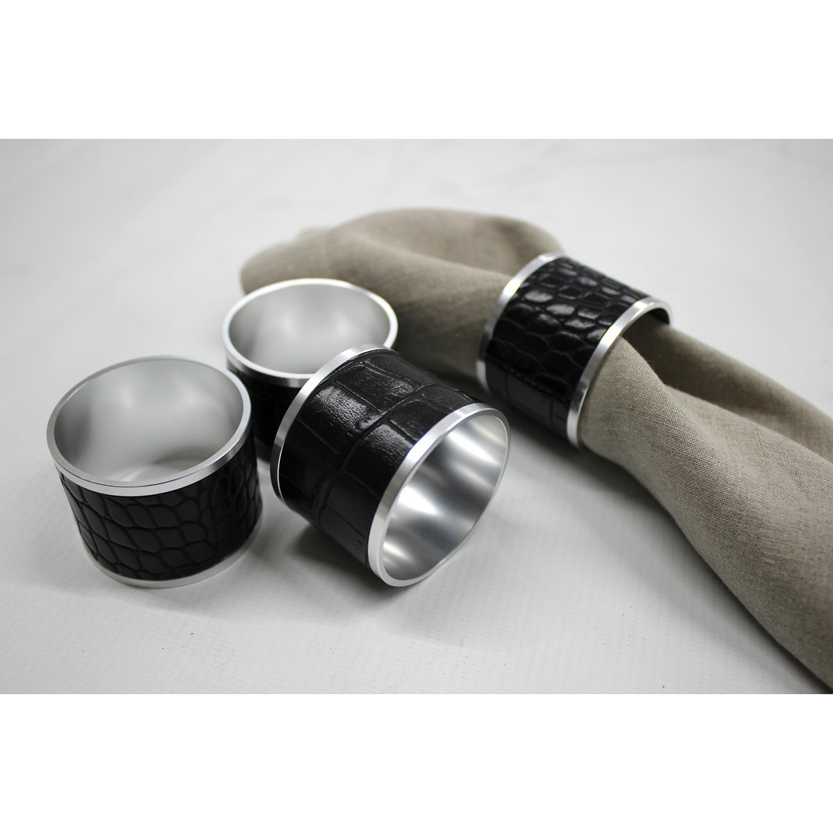 Anillos de servilleta 4-ER Set Crocoda de cuero sintético de acero inoxidable de acero inoxidable