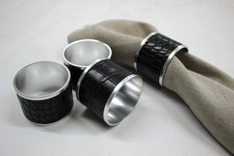 Anillos de servilleta 4-ER Set Crocoda de cuero sintético de acero inoxidable de acero inoxidable