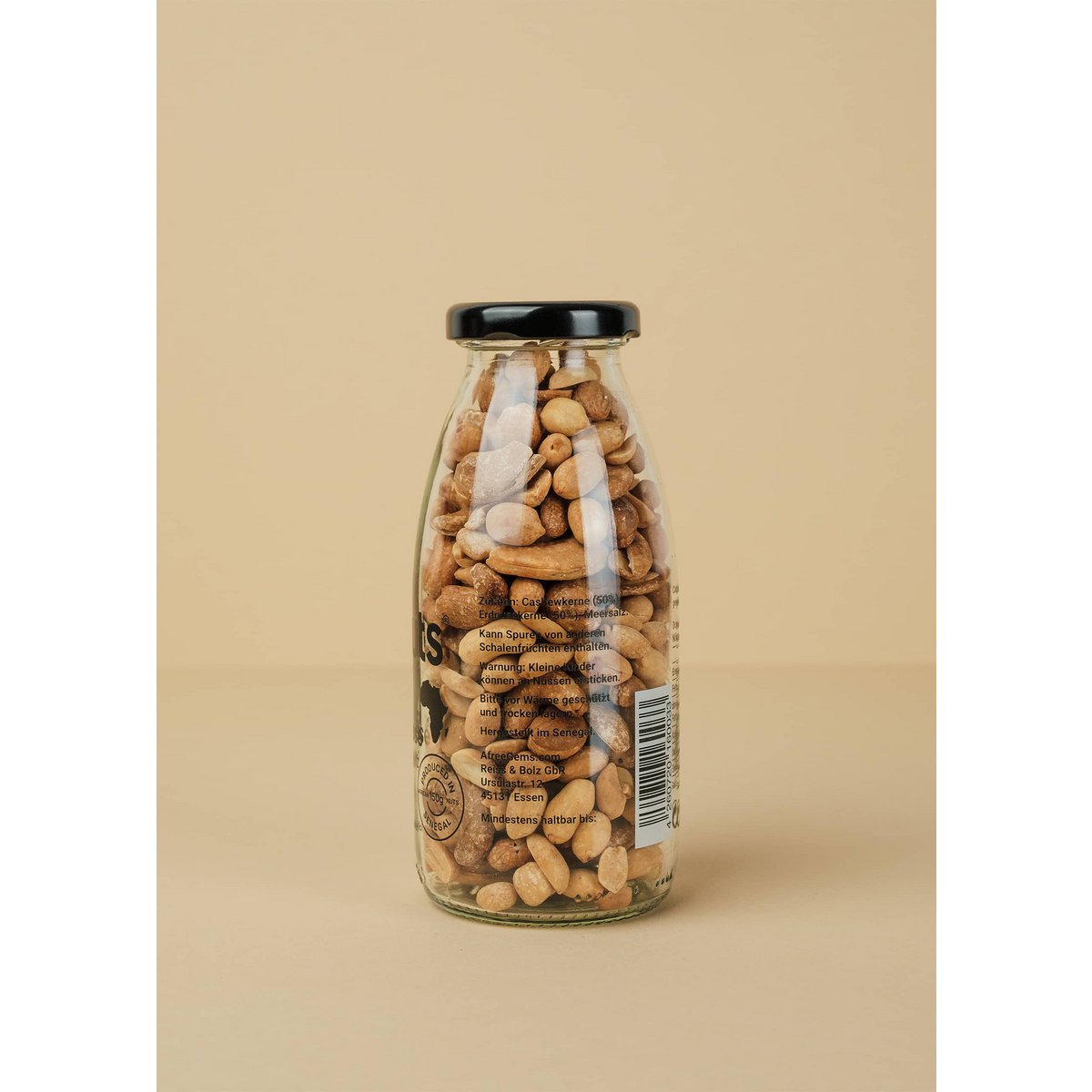 Premium Senegal Sun Mix Cashewnødder & Peanuts Venner Flaske Afrikansk stegt · Atlanterhavsalt Indhold: 140 g
