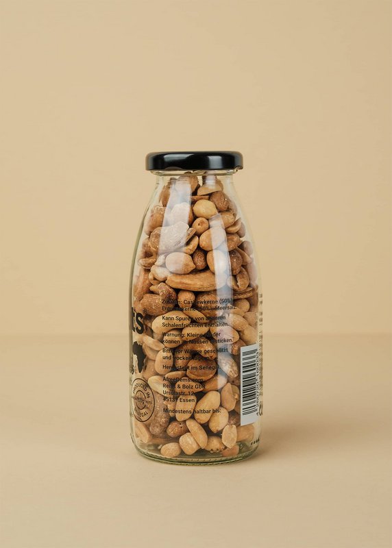 Premium Senegal Sun Mix Cashewnødder & Peanuts Venner Flaske Afrikansk stegt · Atlanterhavsalt Indhold: 140 g