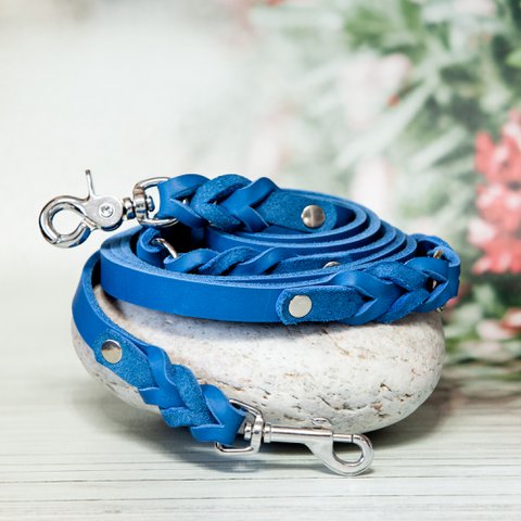 Leather leash for dogs | Azure Blue | Dog leash | Length 225 cm | 3-way adjustable | Handcrafted