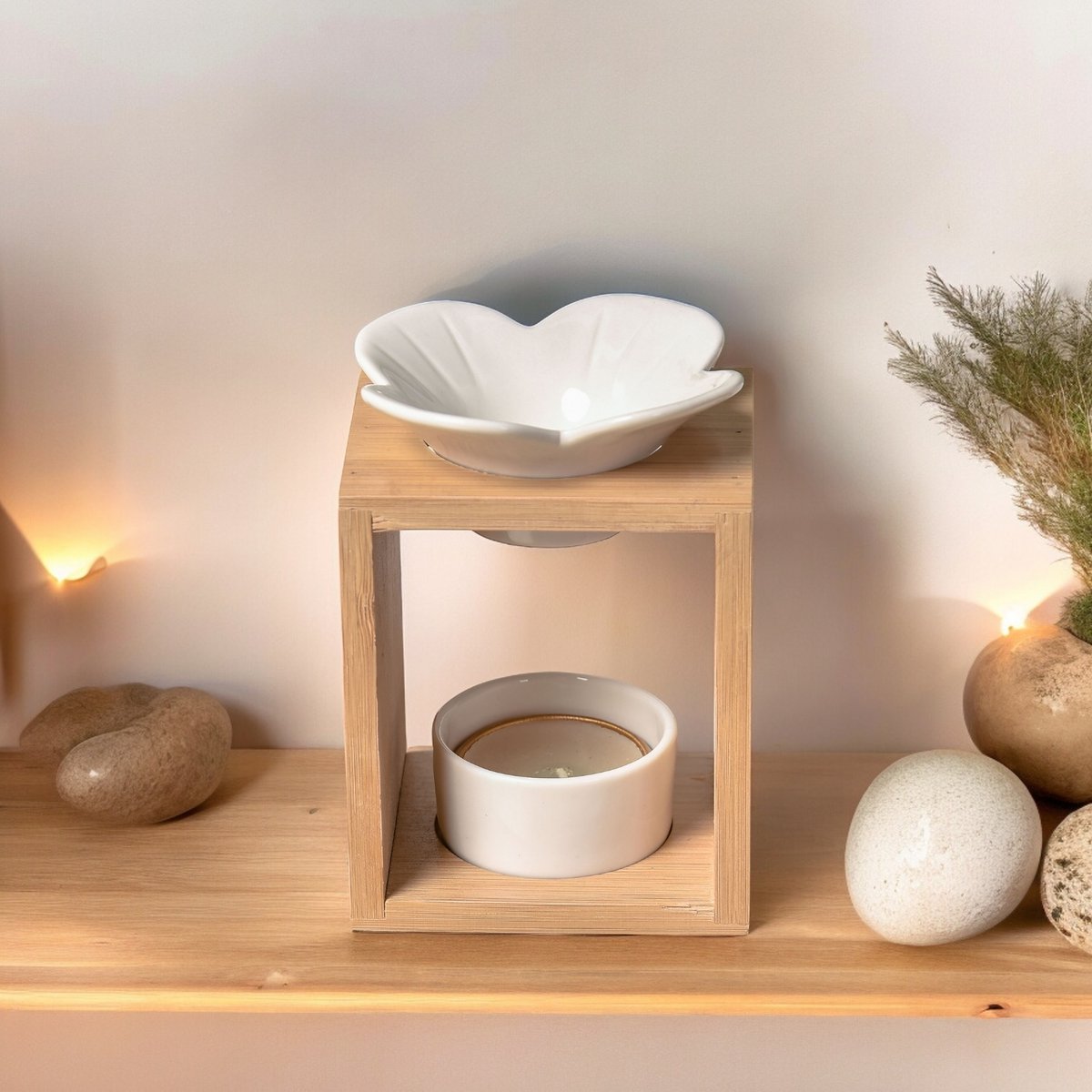 Perfumy Burner Seria Naturea - Plumeria - z ceramiki i bambusa - Aromaterapia, woski zapachowe, olejki eteryczne - Dekoracyjny pomysł na prezent