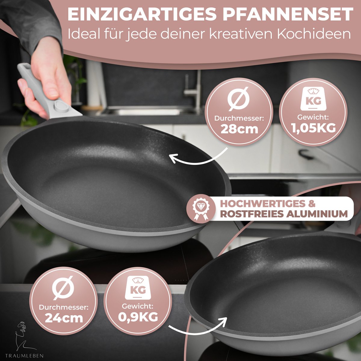 Pfannet Set 24/28 cm de recubrimiento no de palanca, manijas extraíbles, inducción, resistente al horno (gris)