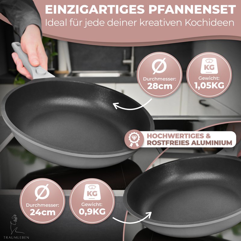 Pfannenset 24/28 cm Antihaftbeschichtung, abnehmbare Griffe, Induktion, backofenfest (grau)