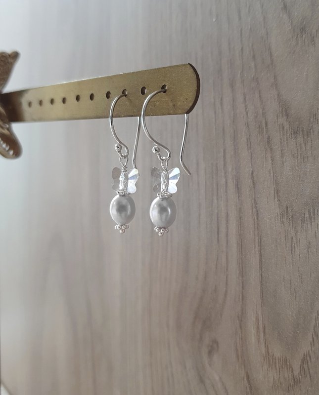 Grey freshwater pearl and butterfly earrings