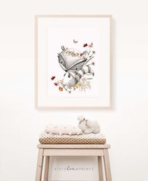 Impresión de vivero de mapache, póster de mapache, impresión de vivero floral, póster de animales del bosque, impresión de flores silvestres, póster de vivero de niñas, habitación de niñas