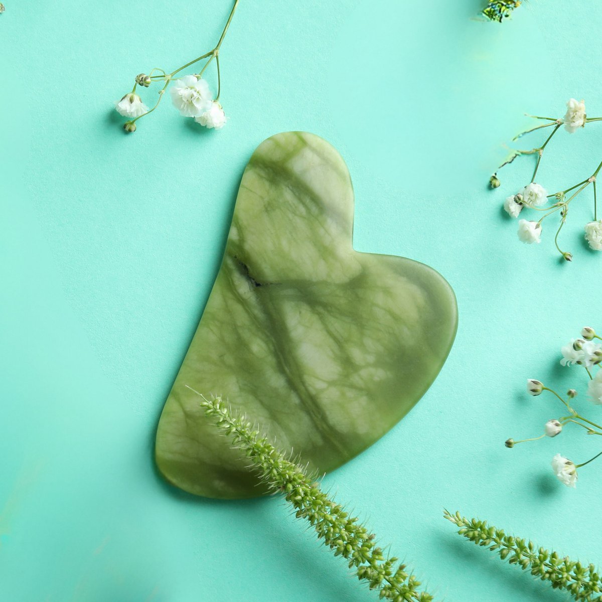 Zestaw i maska ​​na oczy z zielonego jadeitu Gua Sha - Termoterapia - Niezbędne akcesoria kosmetyczne - Kamień naturalny - Narzędzie do podnoszenia