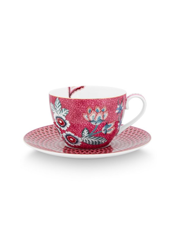 Set/2 Cups & Saucers Flower Festival Dark Pink 280ml