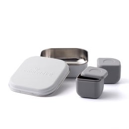 Stainless steel and plastic kids snack box set with multiple compartments in various color options including chrome/aqua, chrome/peach, chrome/grey, cotton candy/grey, keylime/grey, snow/peach, snow/aqua, and snow/grey.