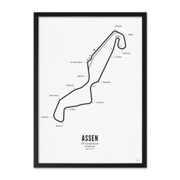  A minimalist black and white poster featuring the circuit map of the Assen race track, a famous motorsports venue. The poster has a clean, simple design with the track layout and the name "Assen" prominently displayed.