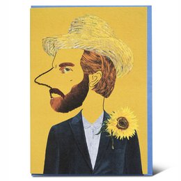 Greeting card featuring a stylized portrait of a man with a beard and sunflower, with the text "Great things are done by a series of small things brought together." - Shake + Baby