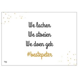 A postcard with the text "We laugh, we cry, we go on" in German, along with the hashtag "#bestepapa" (best dad) in gold text. The postcard has a simple, minimalist design with white background and gold confetti-like accents.