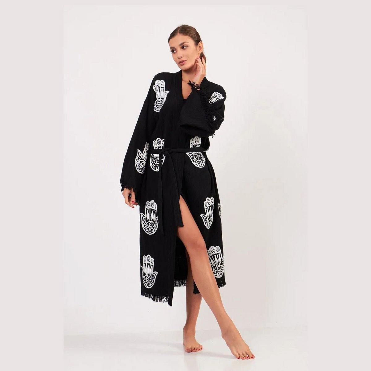 Peignoir kimono long Hamsa-noir