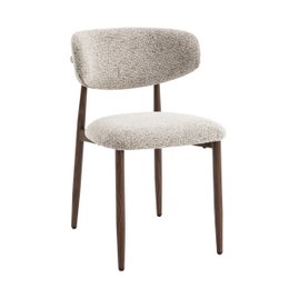 Upholstered dining chair with a round, cushioned seat and backrest in a light gray fabric. The chair has a dark brown wooden frame with slim, tapered legs.