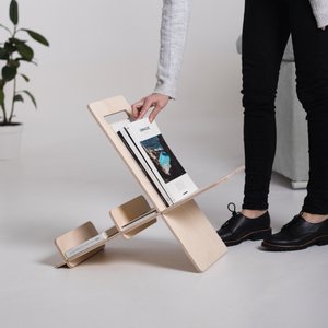 Magazine rack made of birch wood. It has spots created specifically to keep books, magazines or vinyls, CDs, and DVDs, - DEBOOK