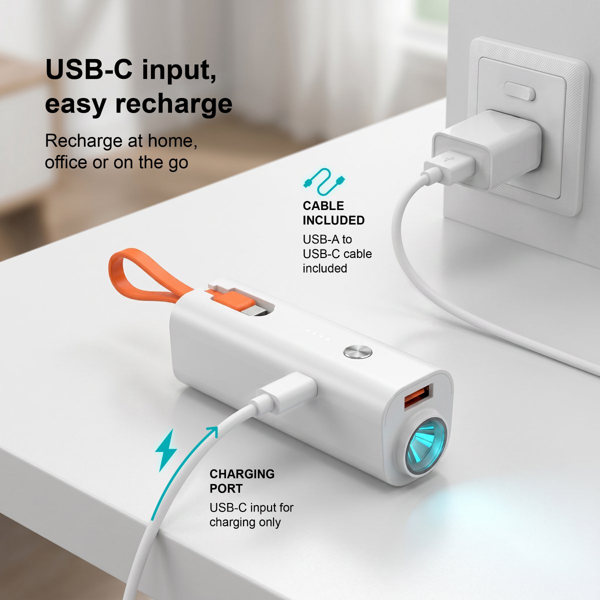 Power Bank portátil PB-008 de 5000 mAh - Blanco con cable incorporado y linterna LED